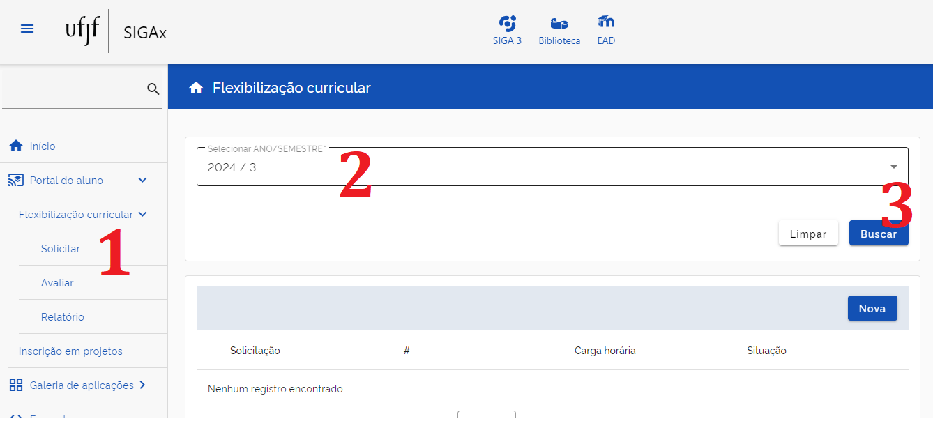 Página de solicitação de carga horária de flexibilização.