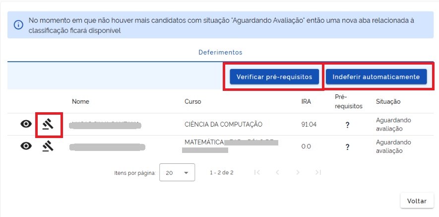 Tela de deferimento de inscrições