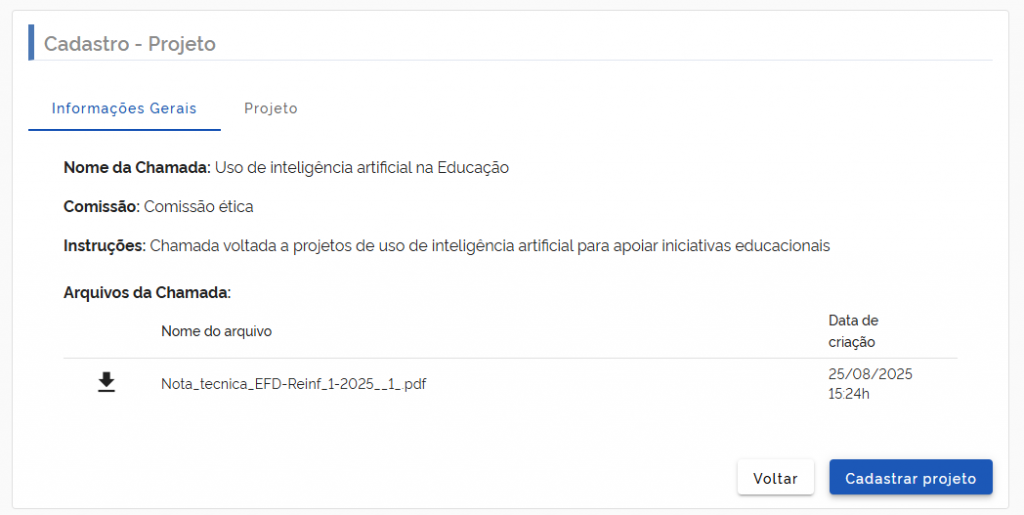 Dados básicos do projeto