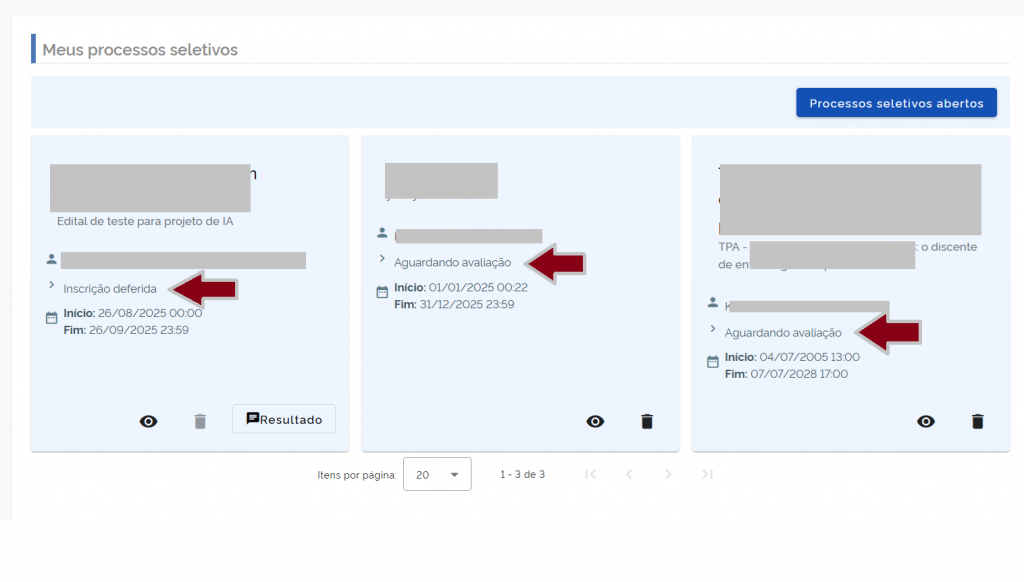 Cards das inscrições em processos seletivos