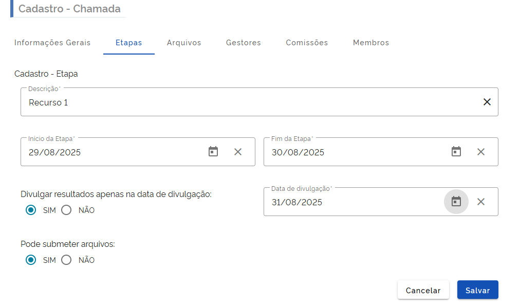 Configuração de etapas
