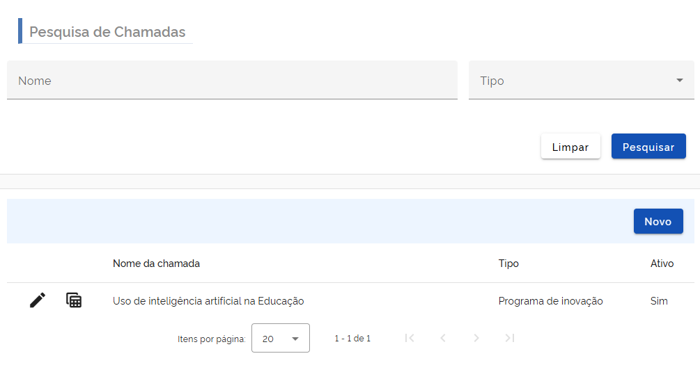 Lista de chamadas abertas e botão para Nova chamada