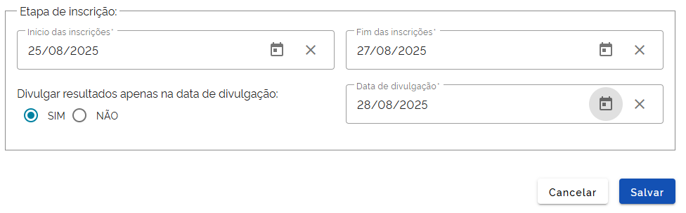 Configuração etapa de inscrição