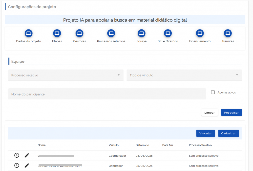 Gerenciamento de Projetos - Filtros de Equipe