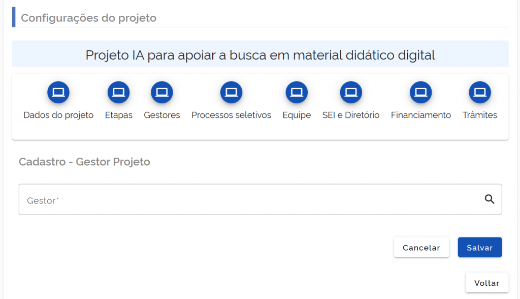 Gerenciamento de Projetos - Cadastrar Gestor