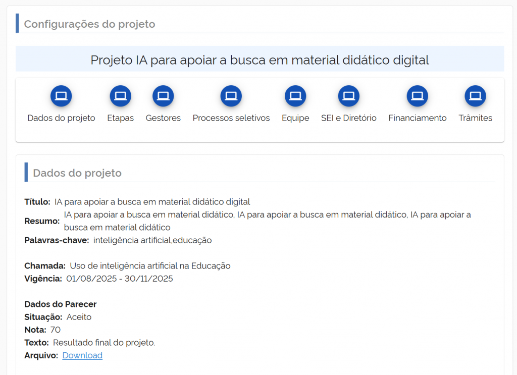 Gerenciamento de Projetos - Dados do projeto