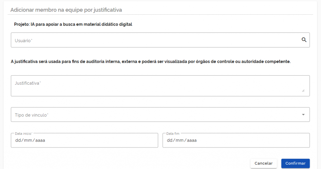 Gerenciamento de Projetos - Cadastrar por Justificativa