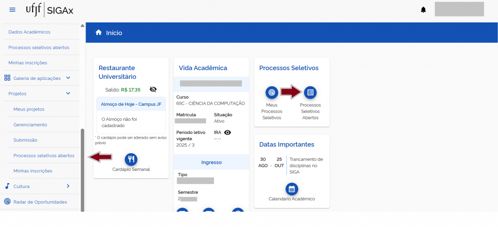 Atalhos para inscrição