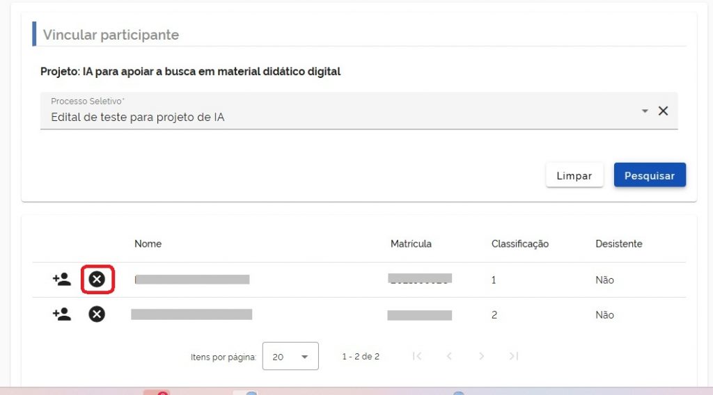 Lista de participantes do processo seletivos - Desistente